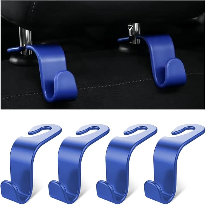 Moly Magnolia Car Seat Headrest Hook, 4PCS Multifunctional Auto Backseat Hangers, Vehicle Storage Organizer for Purse, Coat, Umbrella, Grocery, Bag, Handbag (Blue)