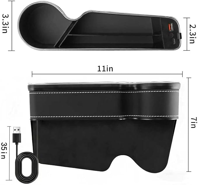 7 Colors LED Car Seat Gap Organizer Front Seat Organizer with 56W Fast Charger Center Console Gap Filler with USB Type C Charging Car Organizer with Cup Holder,LED Auto Interior Accessories (Black)