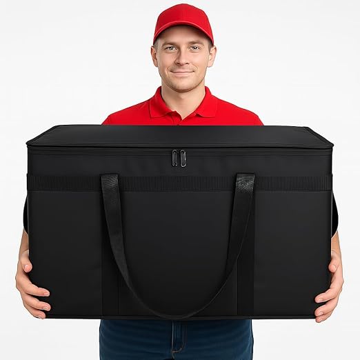 Bodaon 1PK Thermal Insulated Food Delivery Bag with Hard Bottom - 3X-Large Catering Cooler Bag for Hot and Cold Meals - Ideal for Commercial Pizza Transport, Grocery, Restaurants, and Events. Black