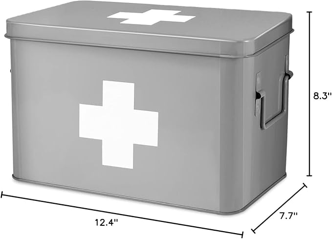 Flexzion Vintage First Aid Kit - 13" Gray Metal Box with Dividers, Removable Tray and White Cross Logo