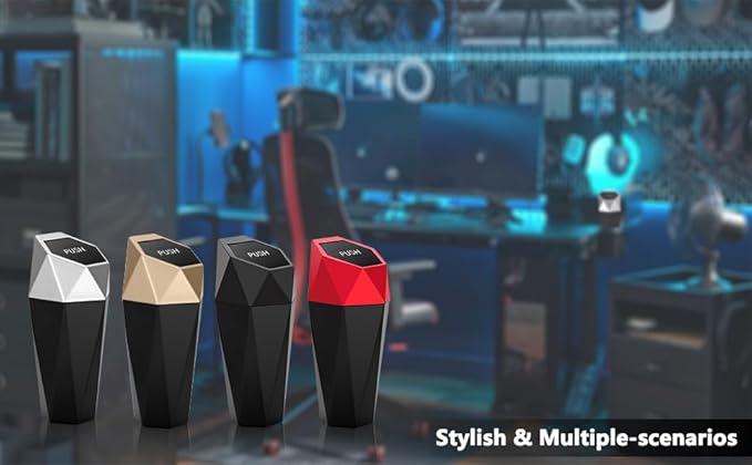 Ginsco Car Trash Can Cup Holder, Mini Car Trash Can with Lid, Car Accessories for Interior, Leakproof Small Trash Cup for Car, Home with Additional 2 ABS Hooks and 90pcs Trash Bags Golden