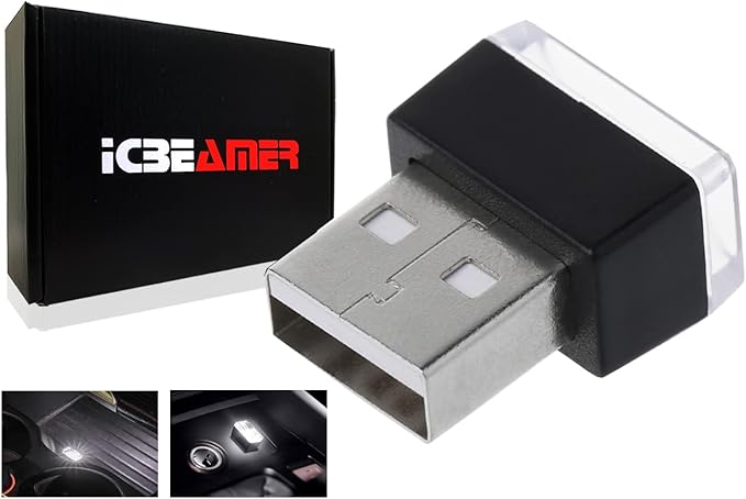 ICBEAMER USB Interface Miniature Night Light 1-Pack (White) | Universal Plug-in LED for Car Interior and Trunk Ambient Atmosphere