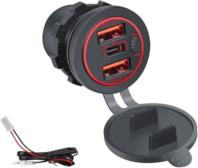 3 Ports 18W USB Car Charger With Switch, 12-24V Dual QC 3.0 USB & PD USB C Cigarette Lighter Socket Outlet, Dashboard Mount Quick Charge Charger for Car Motorcycle Truck Marine Boat (Red Light)