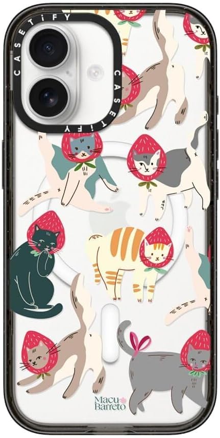 CASETiFY Impact iPhone 17 Case [Slim/Compatible with Magsafe / 8.2 ft. 4X Military Grade Drop Protection] - Strawberry Cats - Clear Black