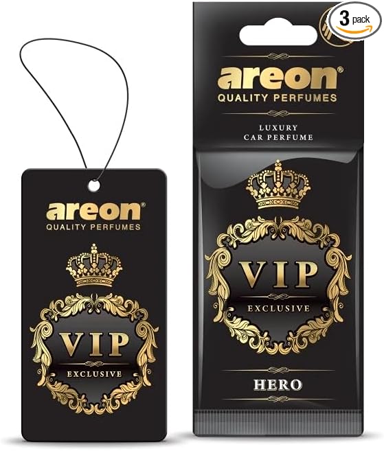 AREON VIP - Hanging Cardboard Air Freshener for Car - Premium Cologne CAR Perfume Air Freshener with Natural Fragrances - Long Lasting, Fresh, Luxurious Scent - Stylish Design -Hero, Pack of 3