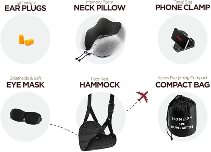 Homeify Airplane Travel Kit – Adjustable Memory Foam Airplane Neck Pillow with Phone Holder, Eye Mask, Foot Hammock, and Earplugs – 6 Piece Plane Travel Essentials for Long Flights