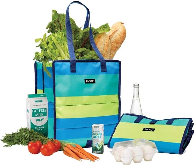 PackIt Freezable Grocery Tote, with EcoFreeze Technology, Foldable, Reusable, Zip Closure, Dual Handles