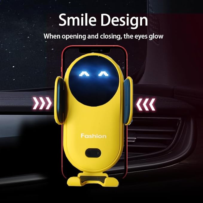 Wireless Car Charger Mount, Cute Car Phone Holder, Automatic Clamping Air Vent Dashboard Smart Phone Holder for iPhone 15/14/13/12/11//XS/XR/8, Samsung S23/22/21/20/Note 20, etc (Yellow)