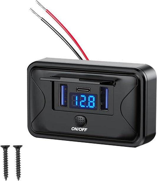 12V USB Outlet,72W Panel Wall Mount Fast Charging Car Charger,Multi Port Car USB Charger Adapter with LED Voltmeter and Switch,for Marine Boat RV Truck
