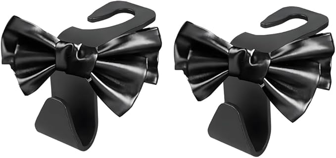 2PCS Cute Bow Car Seat Headrest Hook, Multifunctional Backseat Storage Hanger for Purse Handbag Coat, Automotive Seat Back Bag Holder Organizer, Universal for SUV RV Truck (Black)