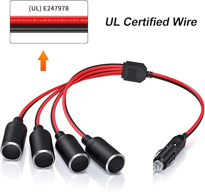 ELECTOP 1 to 4 Car Cigarette Lighter Splitter Adapter Power Charger Port, 12V 24V Plug Socket Adapter 4-Way Splitter, 12 inch Cigarette Lighter Extension Cord Cable 16AWG with 15A Fuse