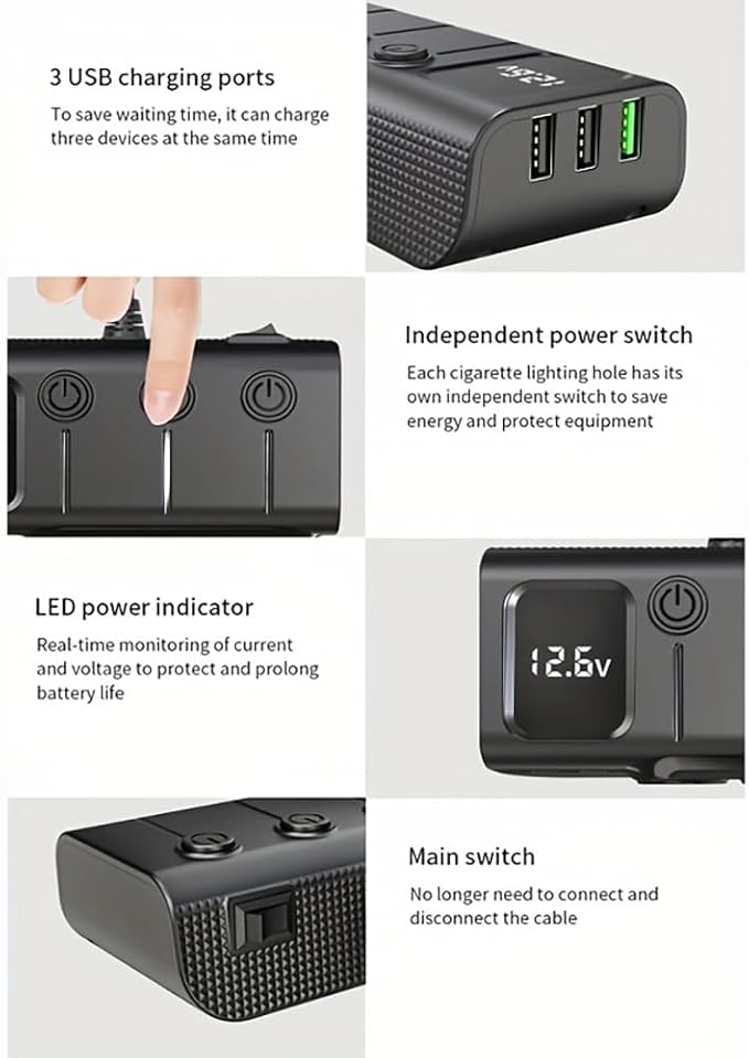 3 Socket Cigarette Lighter Splitter 3 USB+2 Type C Port Quick Car Charger Adapter with LED Voltage Display and on/Off Switch for iPhone Samsung