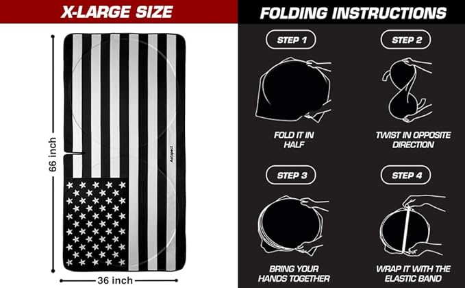Windshield Sun Shade - American Flag Design, High-Resolution Sun Visor for Car, Truck, SUV with Mirror Cut-Out for Interior Sun Protection, Foldable Car Sun Shade (Black and White, X-Large)
