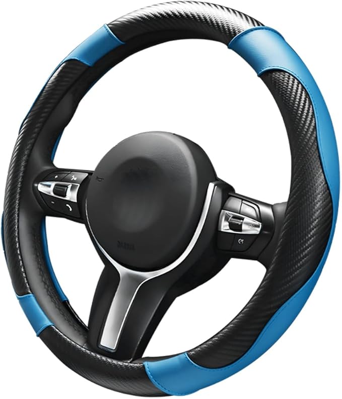 Car Steering Wheel Cover, 15 inch Carbon Fiber Microfiber Leather Elastic Steering Wheel Protector, Breathable Anti-Slip Comfortable Steering Wheel Covers for Most Cars (Black&Blue)