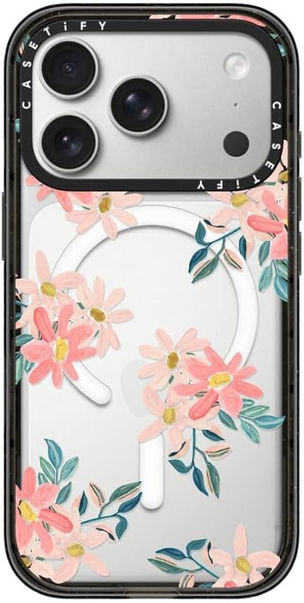 CASETiFY Impact iPhone 17 Pro Case [Slim/Compatible with Magsafe / 8.2 ft. 4X Military Grade Drop Protection] - Pink Daisies - Clear Black
