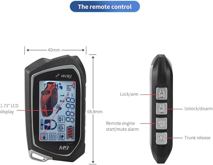 EASYGUARD EC207-M9-SR 2 Way Car Alarm Security Kit with LCD Pager Display Push Start Button Remote Engine Timer Engine Start with Siren DC12V