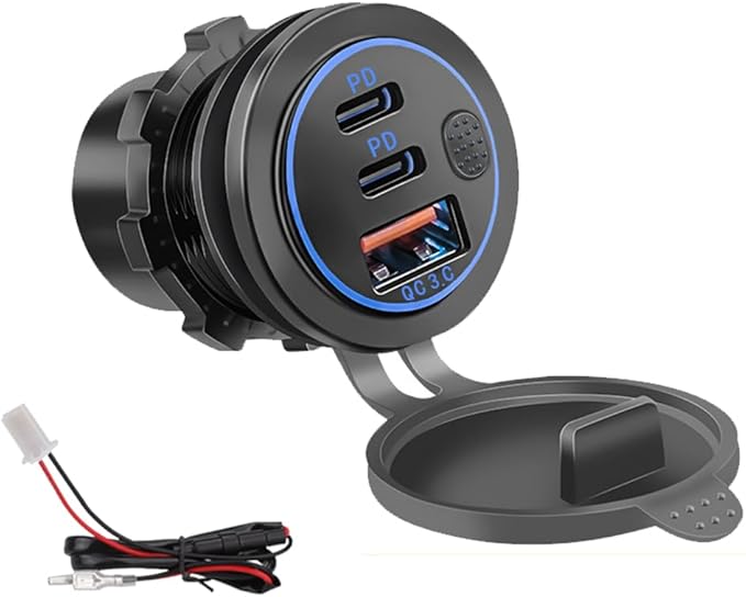 3 Ports 18W USB Car Charger with Switch, 12-24V QC 3.0 USB & Dual PD USB C Cigarette Lighter Socket Outlet, Dashboard Mount Quick Charge Charger for Car Motorcycle Truck Marine Boat (Blue)