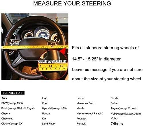 Valleycomfy Steering Wheel Covers Universal 15 inch - Genuine Leather, Breathable, Anti Slip & Odor Free (White Line, M(14" 1/2-15" 1/4))