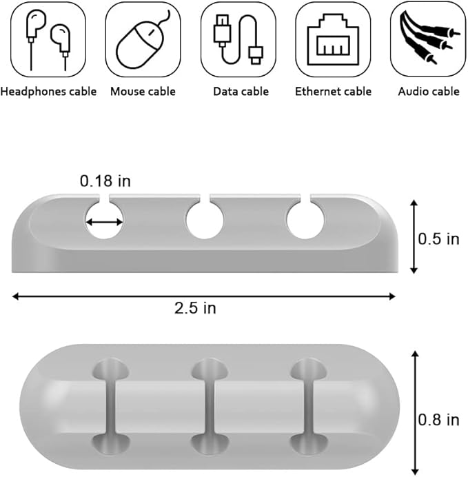 SIMR 2 Pack Cable Clips - Cord Organizer, Cable Management, 6mm Wire Holder System - Rubber Adhesive Cord Hooks fit Home, Office, Cubicle, Car, Desk Accessories (Black Grey)