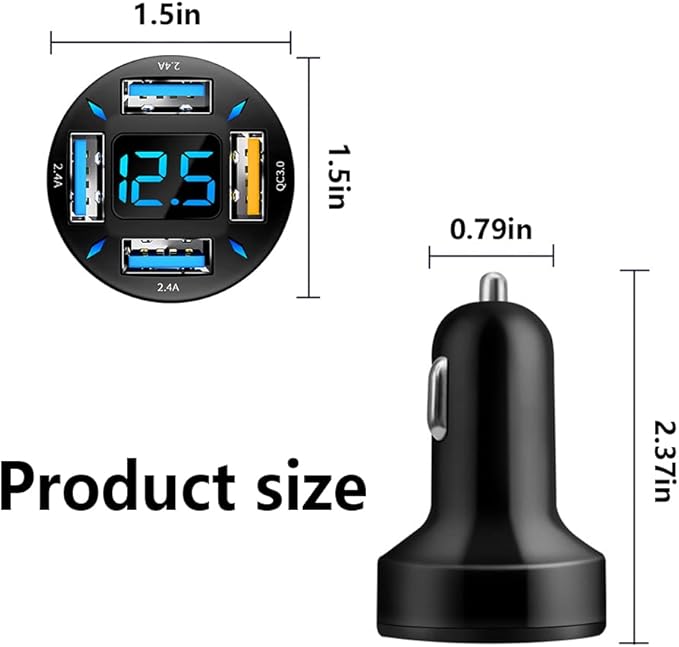 Aokdom 4-in-1 Car Charger 66W Super Fast Charging with USB 2.4A&QC 3.0(Voltmeter&LED Lights) Universal Quick Charge for 12-24V Car Cigarette Lighter Plug(Black-QC/2.4A)