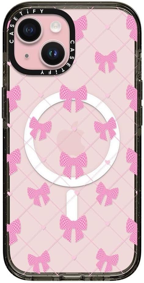 CASETiFY Impact iPhone 15 Case [Slim/Compatible with Magsafe / 8.2 ft. 4X Military Grade Drop Protection] - Bow-net Lace - Clear Black