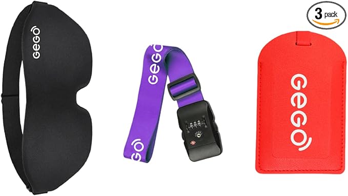 GEGO Premium Travel Kit, Sleep Mask 3D Contoured Eye with Soft Memory Foam, Luggage Tag Waterproof Resistant and Strap with Lock for Luggage TSA Approved (Sleep Mask Black/Luggage Tag Red)