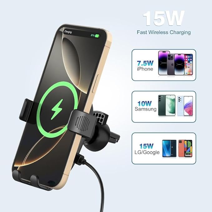 15W Fast Wireless Car Charger, Phone Holder, Auto-Clamping Air Vent Phone Charger for Car (Black)