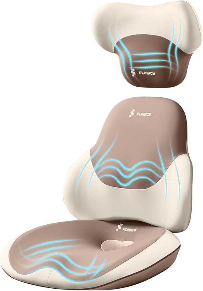 FLORICH Seat Cushion and Lumbar Support Pillow for Office Chair Car Neck Headrest Pillow 100% Memory Foam Seat Pads Pressure Relief Back Cushion and Carseat Pads(Brown)