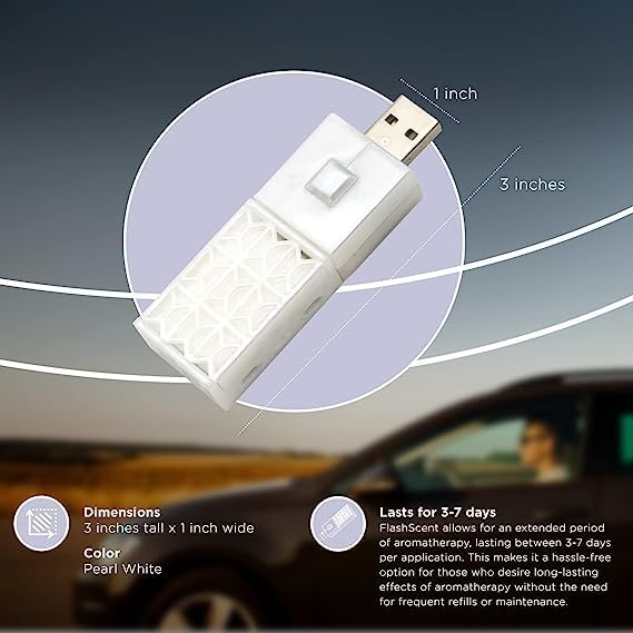 Belle Aroma® FlashScent™ USB Aromatherapy Bundle - for Car, Office, Home, and Travel - Includes 1 Pearl White Peppermint Oil Diffuser Kit, 1 Lavender FlashScent Essential Oil, and 7 Refill Pads