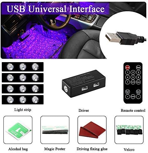 Teguangmei Car Interior Ambient Lights,4Pcs 12LED USB Plug-in RGB Multicolor Star Atmosphere Lights for Car Carpets Under Dash LED Accent Lighting Kit with Sound Active and Remote Control DC 5V
