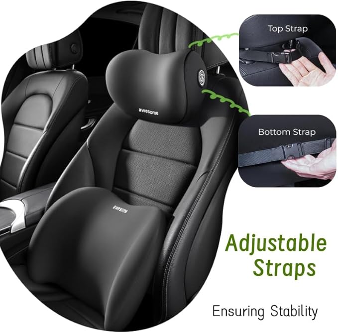 Car Headrest & Lumbar Support Cushion Kit, Ergonomic Car Seat Neck Pillow and Backseat Cushion for Driving Fatigue Relief, Driving Seat Memory Foam Neck Back Rest Pillows (Coffee)