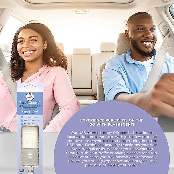 Belle Aroma® FlashScent™ USB Aromatherapy Bundle - for Car, Office, Home, and Travel - Includes 1 Pearl White Peppermint Oil Diffuser Kit, 1 Lavender FlashScent Essential Oil, and 7 Refill Pads