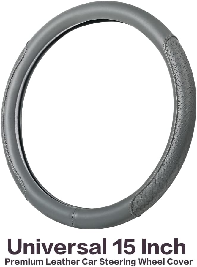 VARGTR Microfiber Leather Steering Wheel Cover, Classic Embossing, Anti-Slip, Breathable, 15 Inch, Gray