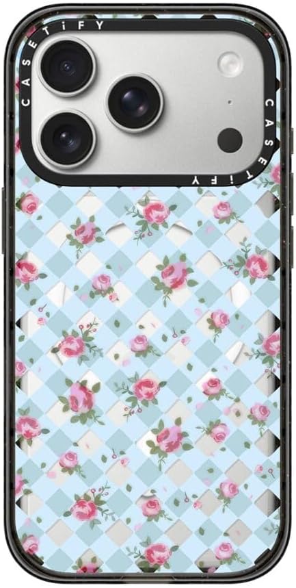 CASETiFY Impact iPhone 17 Pro Case [Slim/Compatible with Magsafe / 8.2 ft. 4X Military Grade Drop Protection] - Floral Gingham - Blue - Clear Black