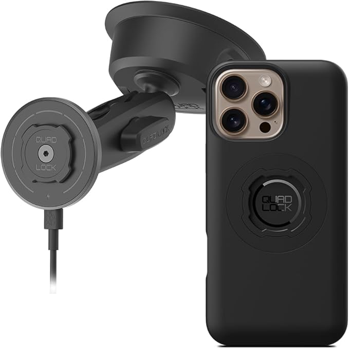 Quad Lock Heavy Duty Suction Car Phone Mount with MAG Phone Case and MAG Wireless Charging Head for iPhone 16 Pro Max