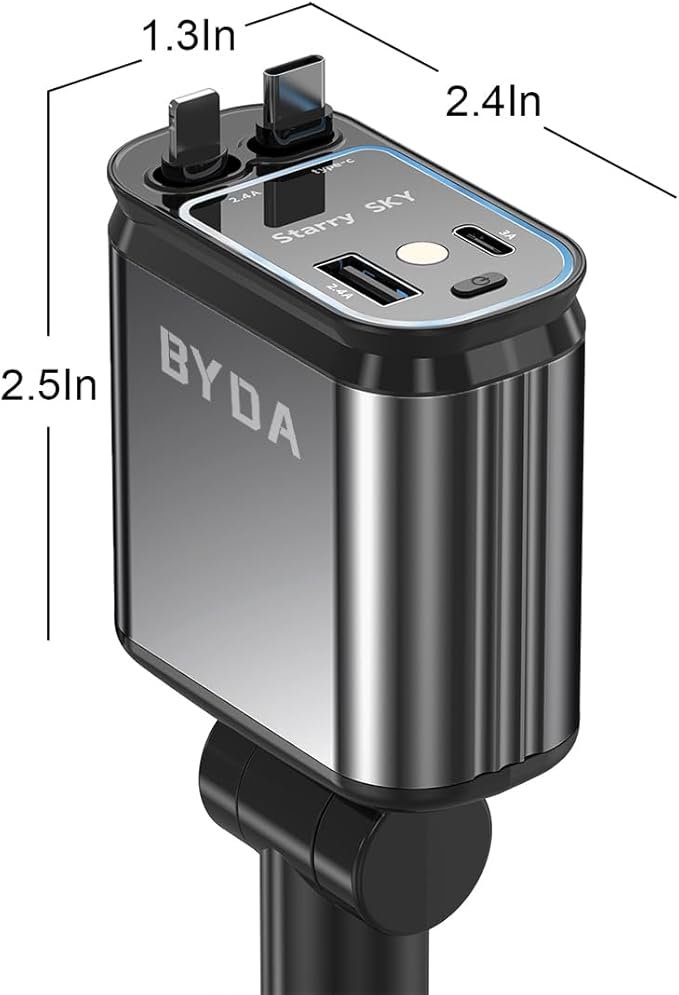 4 in 1 Retractable Car Charger with Starry Light,69W Cigarette Lighter Charger,USB C Fast Car Charger for iPhone 17 Pro Max 16 15 14 13 12 11 (Lightning+USB-C & PurpleLight)