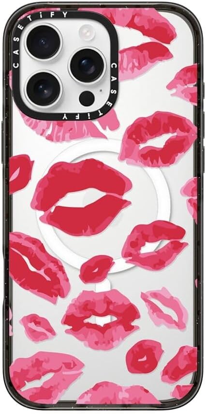 CASETiFY Impact Case for iPhone 16 Pro Max [Slim / 8.2 ft. 4X Military Grade Drop Protection/Compatible with Magsafe] - Lipstick Kisses - Clear Black