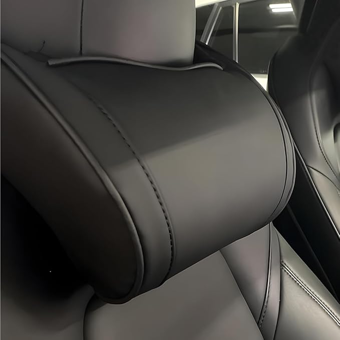 Car Neck Pillow, Memory Foam Ergonomic Auto Headrest Cushion Pillow, Relieve Driving Fatigue Car Neck Support Pillows, Comfortable Leather Vehicle Seat Pillows with Adjustable Strap (Black)