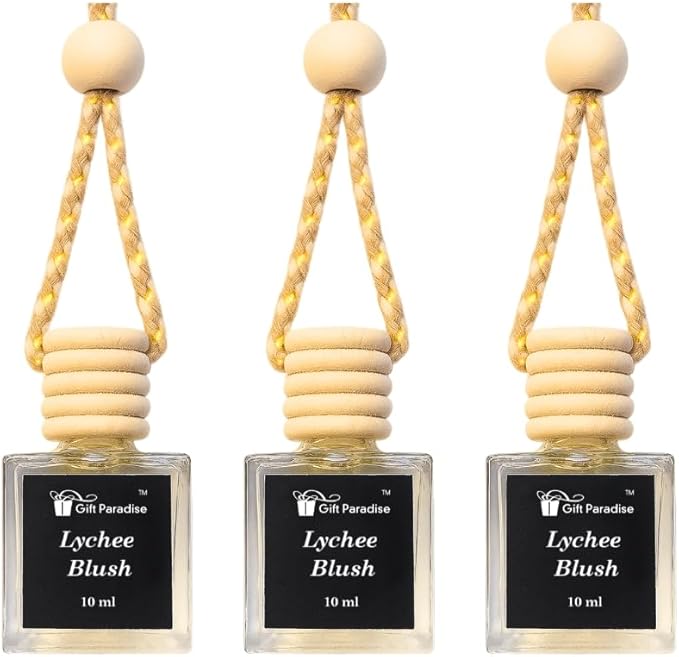 Lychee Blush Car Air Freshener Set of 3 (10 ml Each), Hanging Diffuser Bottles with Wooden Cap, Exotic Fruity Floral Blossom Scent for Car, Home & Closet, Magnetic Gift Box