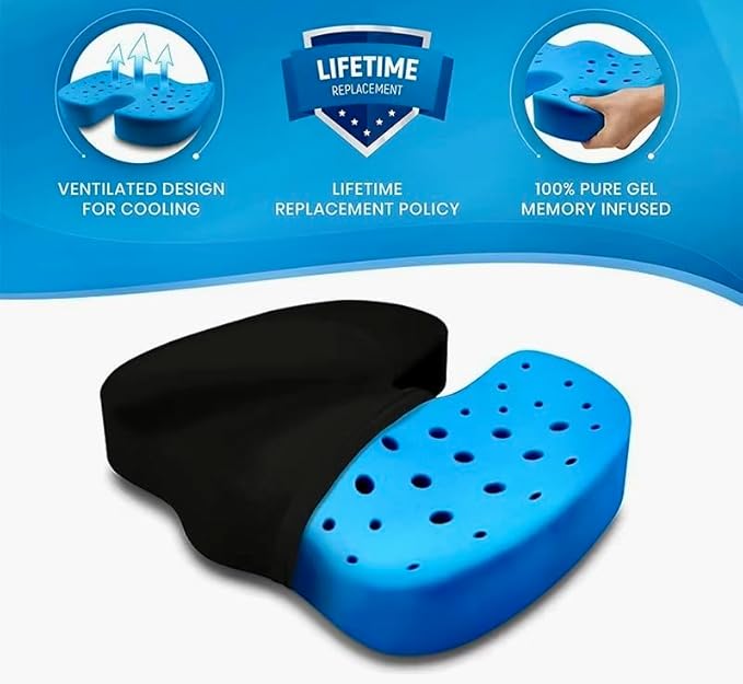 Seat Cushion Cooling Gel Memory Foam Pad, Non-Slip Orthopedic Coccyx Support for Office Chair, Car Seat & Home, Ergonomic Tailbone, Sciatica & Lower Back Pain Relief