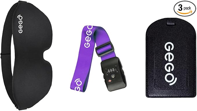 GEGO Premium Travel Kit, Sleep Mask 3D Contoured Eye with Soft Memory Foam, Luggage Tag Waterproof Resistant and Strap with Lock for Luggage TSA Approved (Sleep Mask Black/Luggage Tag Black)
