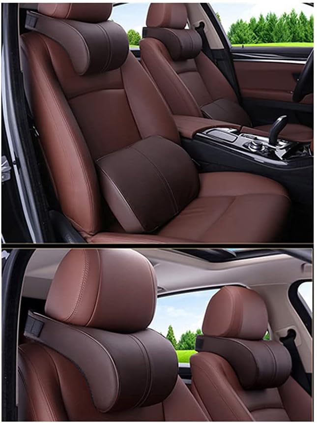 ZLOHPAE Car seat Lumbar Support Pillow and car Neck Support Pillow kit, Soft Leather Surface and high-Density Memory Foam are Ergonomic car seat Pillows (Brown)