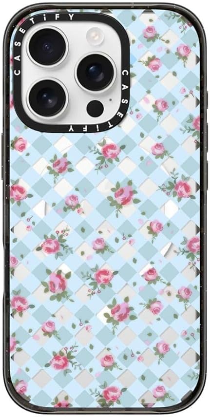 CASETiFY Impact Case for iPhone 16 Pro [8.2ft 4X Military Grade Drop Protection/Compatible with Magsafe] - Floral Gingham - Blue - Clear Black