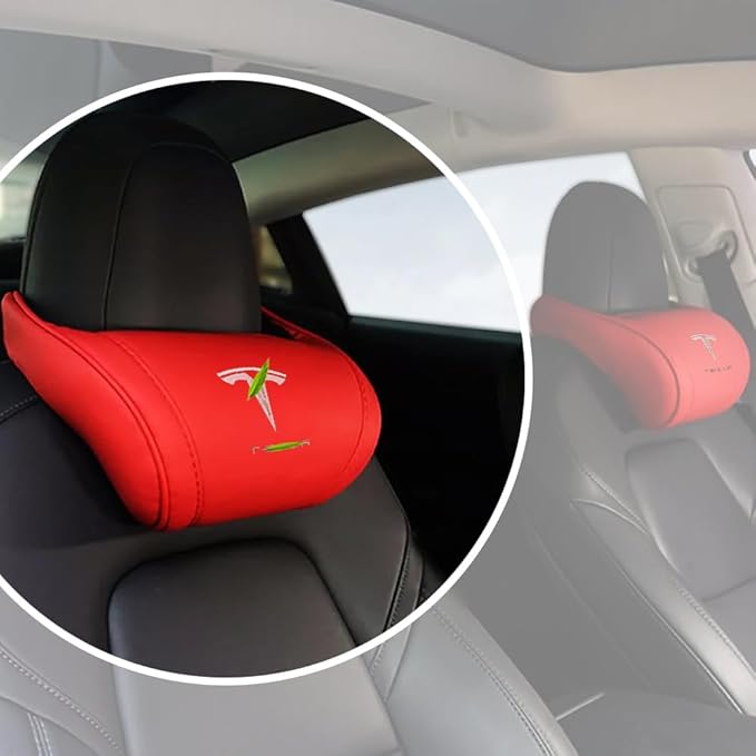 Car Headrest Neck Pillow Support Ergonomic, with Valve Stem Covers Accessory for Driving Seat Fatigue Relief Compatible with Model S X 3 Y & Cybertruck - 1 Piece