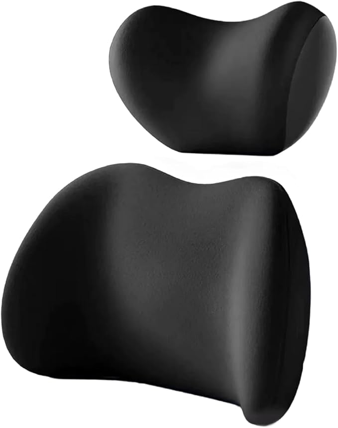Memory Foam Breathable Ergonomic Car Headrest Pillow & Lumbar Pillow Kit with Adjustable Strap Black Car Neck for Driving, Rest, Sleep Seat Brackets