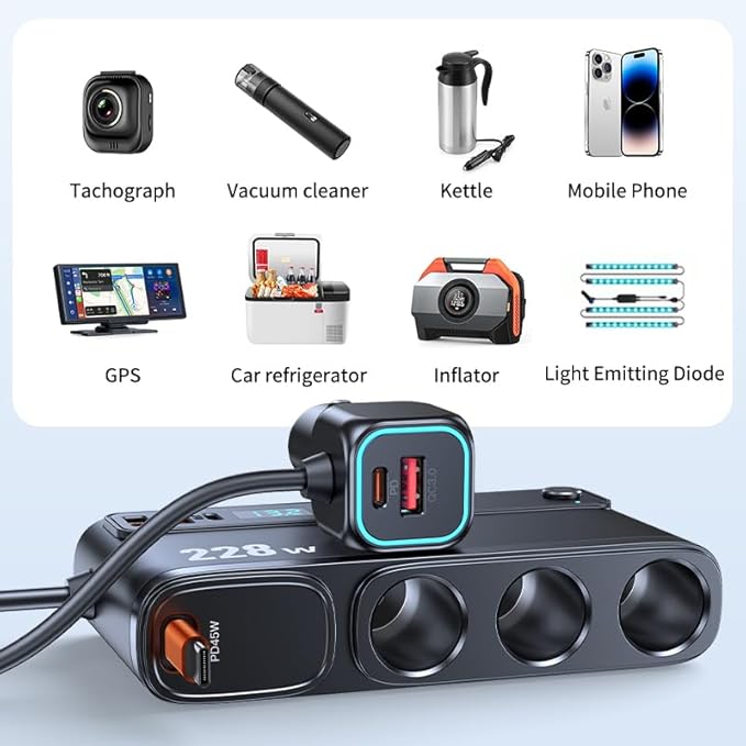 228W Car Charger Cigarette Lighter Splitter with Retractable USB-C Cable, 9-in-1 Multi-Port Car Power Adapter, Dual PD Fast Charging, LED Voltmeter for 12V–24V Vehicles