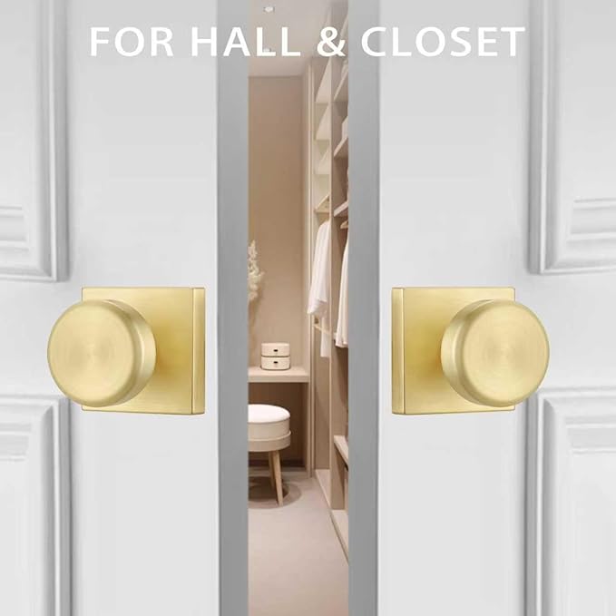 Brushed Gold Door Knobs Interior, Pismo Doorknobs with Square Rosette for Closet