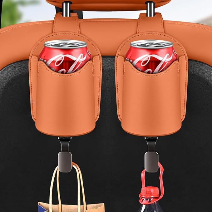 Car Seat Back Organizers Set of 2 with Leather Cup Holder and Headrest Hook, Universal Backseat Phone Mount & Storage Bag (Black)