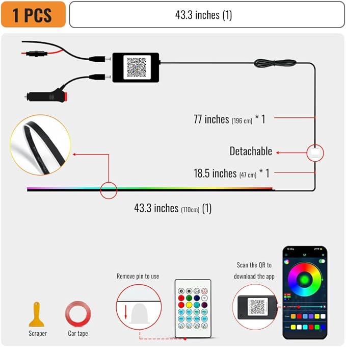 Ambient Lighting Car Led Lights Interior Kit with Wireless APP,43.3 inches Dream Color Acrylic Led Strips Lights for Car, 12V Fiber Optic Music Sync Neon Center Console Dashboard Interior Lights