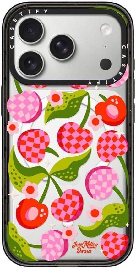 CASETiFY Impact iPhone 17 Pro Case [Slim/Compatible with Magsafe / 8.2 ft. 4X Military Grade Drop Protection] - Checkered Cherries - Clear Black